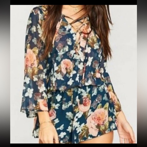 Show Me Your MuMu Pants - Show Me Your Mumu TILLIE TIE size X- Small Floral Romper Keyhole Back Navy Blue